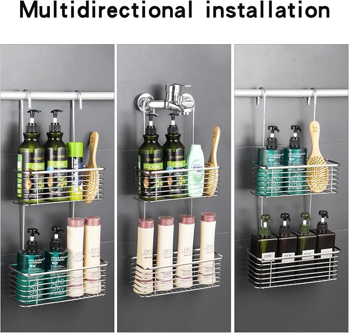 YQh Stainless steel double-layer shower rack, shower room hanging bathroom organizer, storage rack installed on the hanging bar or door, can store shampoo, hair conditioner, shower gel - Image 5