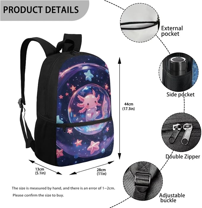 Bubble Axolotl Kids 4-in-1 School Backpack Set, 17'' Cute Bookbag with Insulated Lunch Box, Pencil Case & Water Bottle Holder, Perfect for School Travel Camping, Gift for Girls Age 6-12 - Image 3