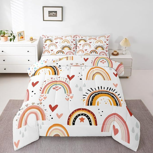 Rainbow Comforter Set Full For Girls, Red Love Heart Kawaii Bedding Set Bohemian Exotic Quilt Hand Drawn Iridescent Down Comforter For Kids Boys Children Teens Women Bedroom Decor, Colorful by Erosebridal