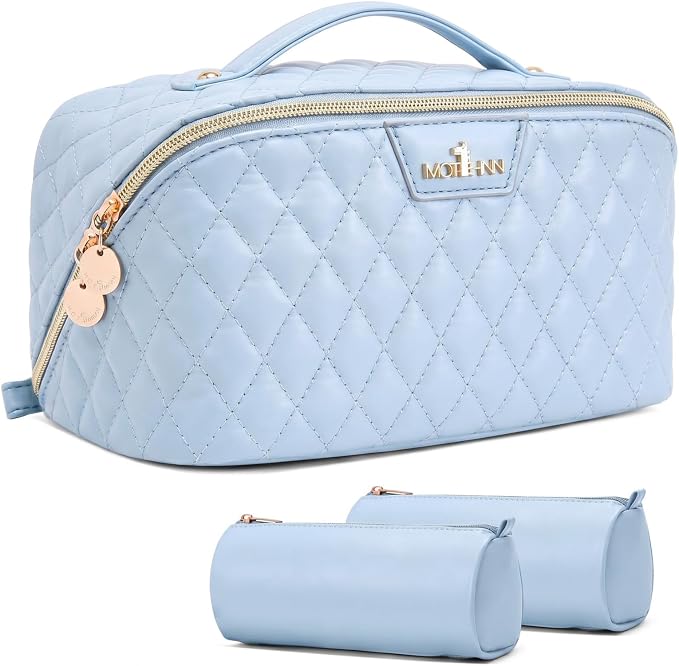 Travel Makeup Bags Cosmetic Organizer: 3Pcs Set Puffy Make up Bag for Women | Blue Premium Quilted ELEGANCE Design | Large Capacity Leather Toiletry Bags | Wide Open Compact Case for Travel Essentials by Unknown