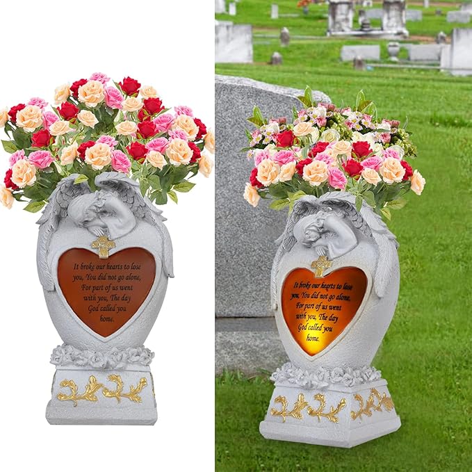 Angel Garden Statue Outdoor Decor, Cemetery Vase with LED, Family Garden Memorial Statue, Crying Angel (White) with Solar Lights