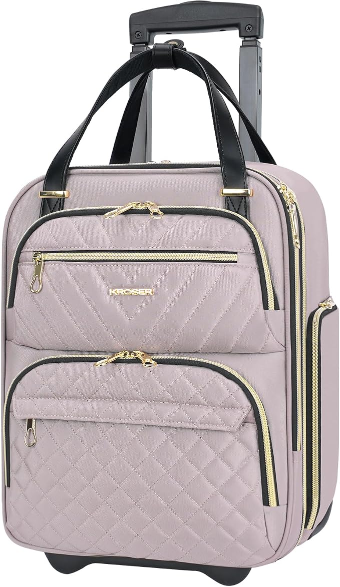 KROSER Carry On Underseat Multi-functional, 16-inch Underseater Lightweight Overnight Suitcase for Women, Dusty Pink/Gold by KROSER