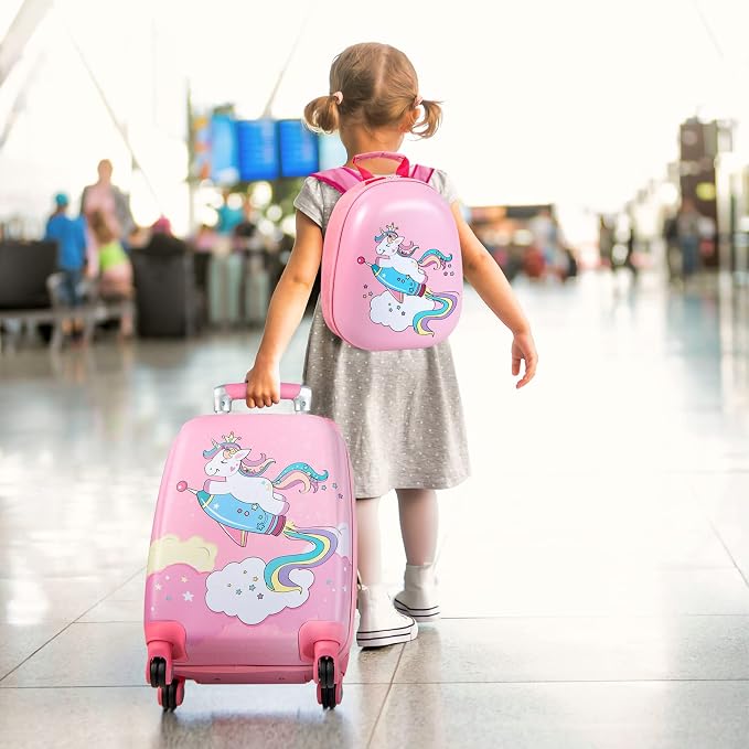 HONEY JOY Kids Luggage, 12" Toddler Backpack & 18" Travel Suitcase with Wheels, Lightweight Toddler Girls Suitcase, Durable ABS Hardshell, 2Pcs Carry On Luggage Set for Boys Girls - Image 2