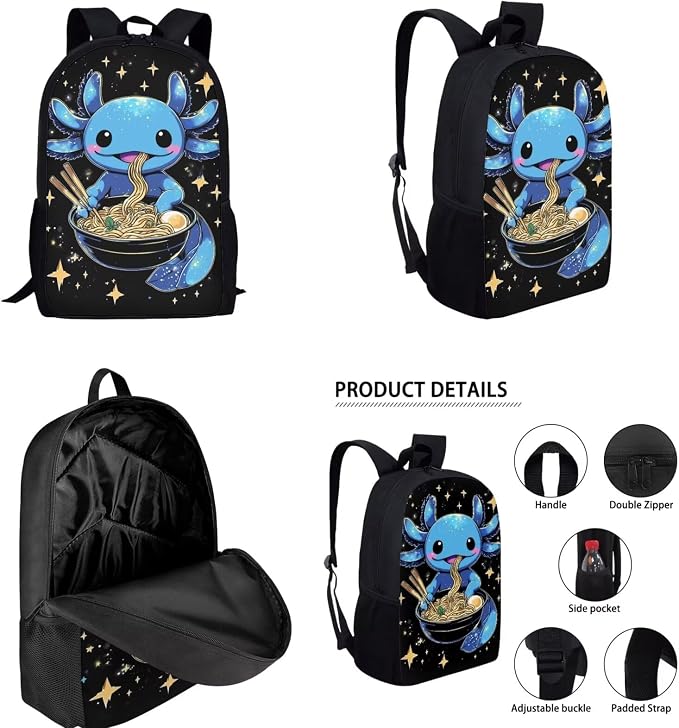 Blue Axolotl Backpack with Lunch Box Kids Girls 6-8/5-7 Ramen Elementary School Bookbag Lunchbox Pencil Case Water Bottle Holder Galaxy Anime Book Bag 4 in 1 Student Back Pack Set 1st Grade - Image 2