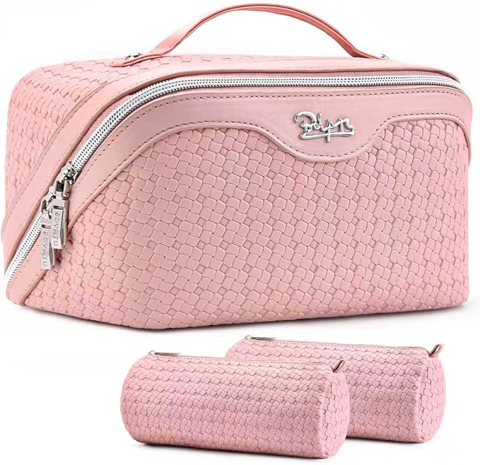 BOYATU Travel Makeup Bag Cosmetic Bags for Women: Large Capacity 3 Pcs Set Make up Bag with Compartments - Waterproof Vegan Leather Toiletry Organizer Bags with Handle (L39 Pink) by BOYATU