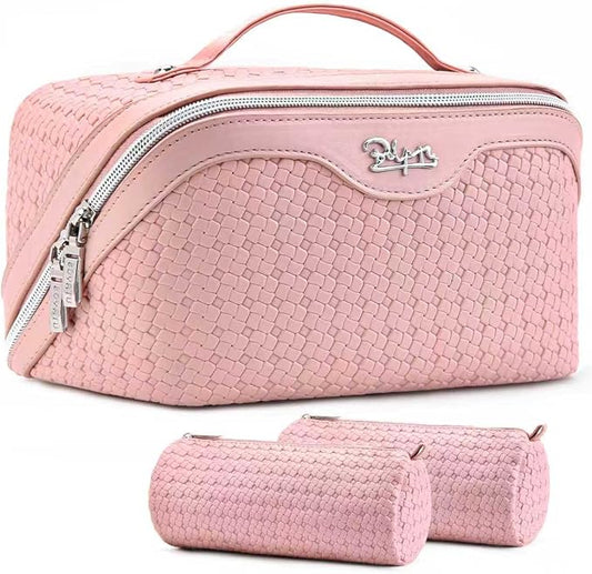 BOYATU Travel Makeup Bag Cosmetic Bags for Women: Large Capacity 3 Pcs Set Make up Bag with Compartments - Waterproof Vegan Leather Toiletry Organizer Bags with Handle (L39 Pink) by BOYATU