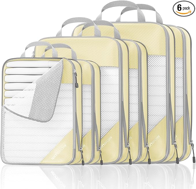 Compression Packing Cubes 6 Set, Compressible Space-Saving Packing Cubes for Travel - Compression Bags, Luggage Organizer, Travel Essentials for Women, Light Yellow by NICOSHOW