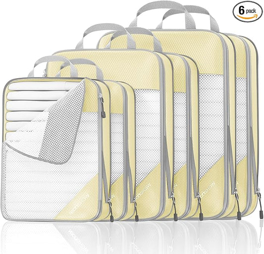Compression Packing Cubes 6 Set, Compressible Space-Saving Packing Cubes for Travel - Compression Bags, Luggage Organizer, Travel Essentials for Women, Light Yellow by NICOSHOW