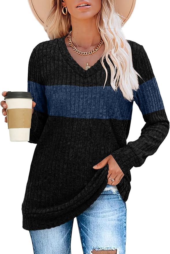 Sampeel V Neck Long Sleeve Shirts for Women Casual Fall Tops Lightweight Tunic Sweaters Fashion Clothes Loose Fit 2025