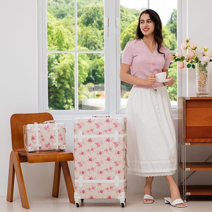 urecity 20" Blush Camellia Vintage Luggage Set 2 Piece, Aluminum Frame Retro Suitcase for Women, Vegan Leather Carry On Trunk with Cosmetic Case, TSA Approved (Include Clear Cover) - Image 3