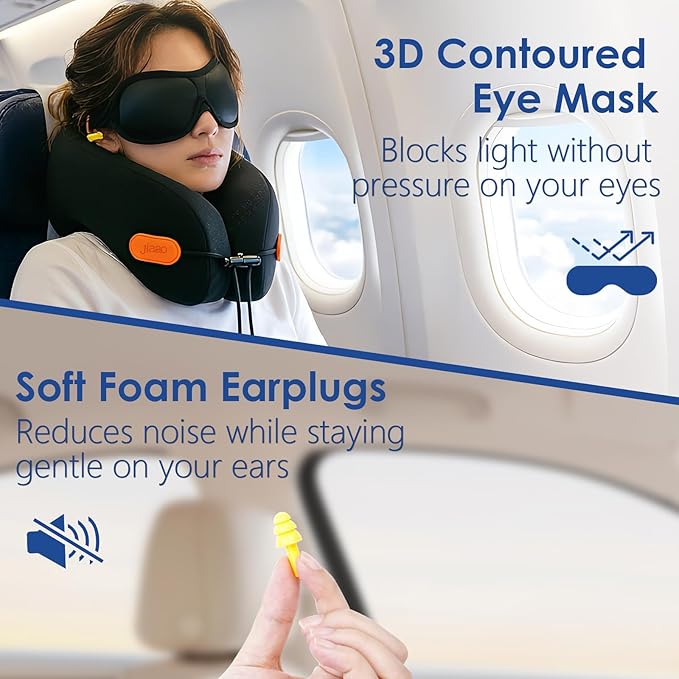 jiaao Travel Pillow Memory Foam Neck Pillow for Airplanes with Adjustable Neck Support, Includes Eye Mask, Earplugs & Storage Bag - Perfect for Flights, Road Trips, and Trains - Image 5