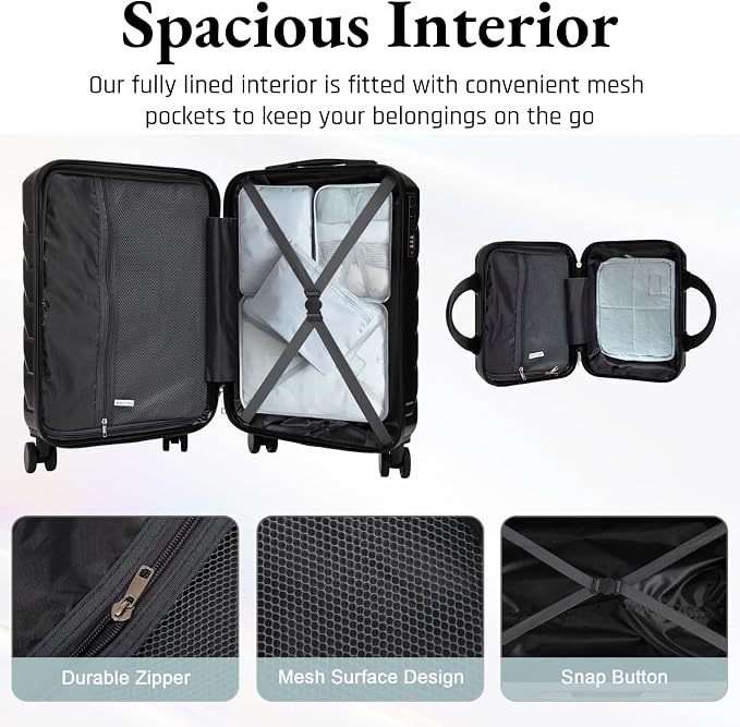 2-Piece ABS Hard Shell Lightweight Carry-On Luggage Set (14" & 20"), 360-Degree Spinner Wheels, Adjustable Telescopic Handle and Combination Lock for Travel, Black - Image 4