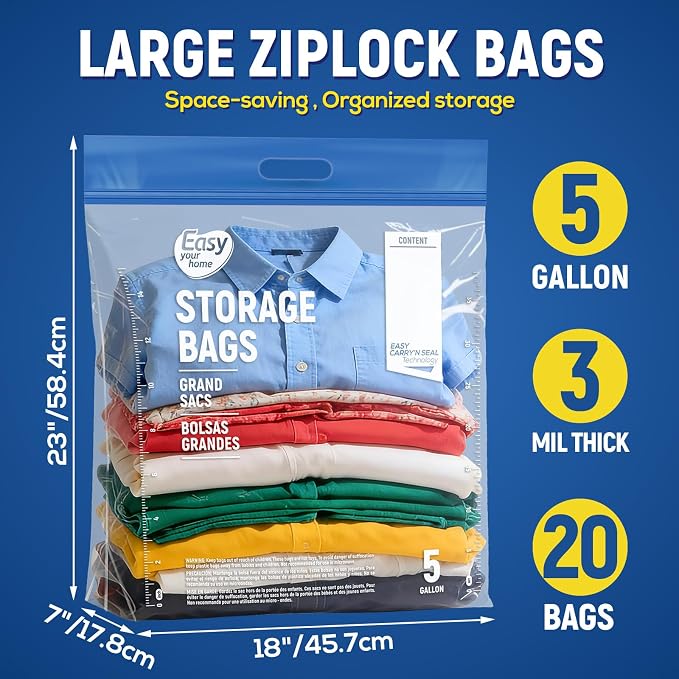 20PCS 5 Gallon Zipper Lock Plastic Bags with Handle and bottom,18"x23"+7",Extra Large Size Reusable Storage Bag with Double Zip for Clothing,Travel,Moving,Beach,BPA-Free,3-Mil Thick - Image 2