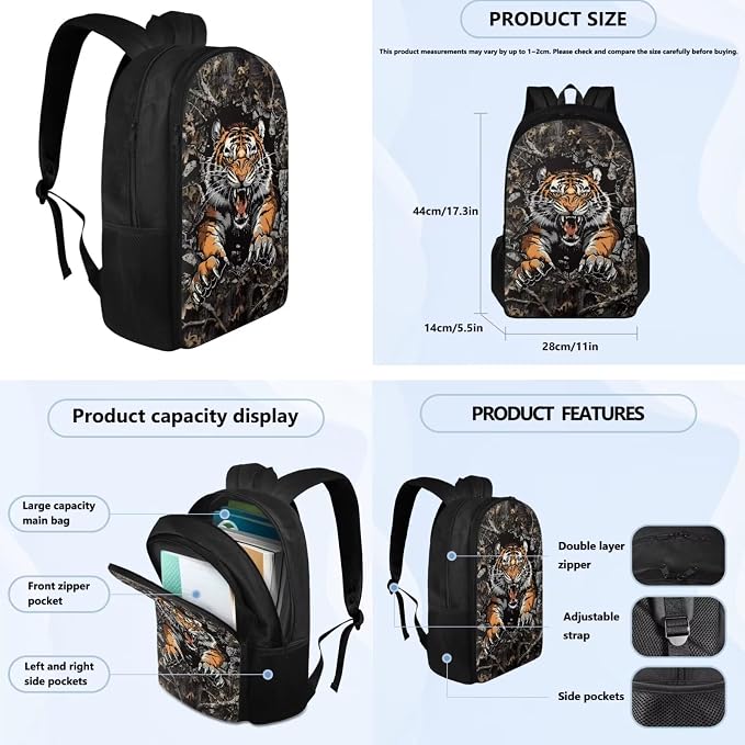 Tiger Camo Backpack for Boys Kids Backpack with Lunch Box Water Bottle Carrier with Strap and Pencil Case Pouch 4PCS Set Bookbag with Compartments for School 17 inch Large Capacity School Bag - Image 4