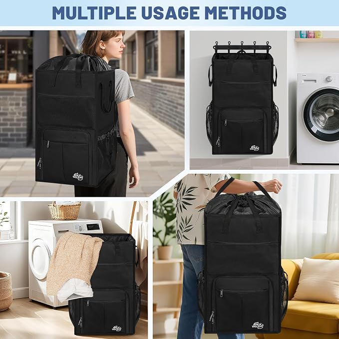 170L Laundry Backpack Bag with 3 Sizes Mesh Wash Bags Empty, Extra Large 2 in 1 Laundry Hamper Basket with Shoulder Straps, Freestanding Laundry Bag for College Dorm, Laundromat, Apartment (Black) - Image 5
