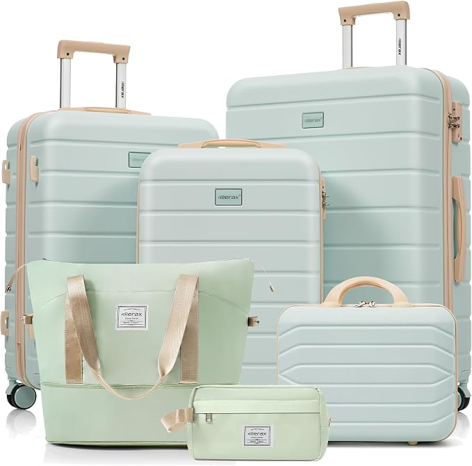 Hardside Luggage Sets, Lightweight Stripes Suitcase with Spinner Wheels, Grey Green 6pcs by Merax