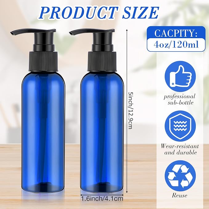 Nuenen 48 Pcs Refillable Empty Lotion Bottles 4oz/120ml Plastic Pump Bottles Conditioner Shampoo Dispenser Leak Proof Pump Container for Body Wash, Creams, Liquid Soap(Black and Blue) - Image 2