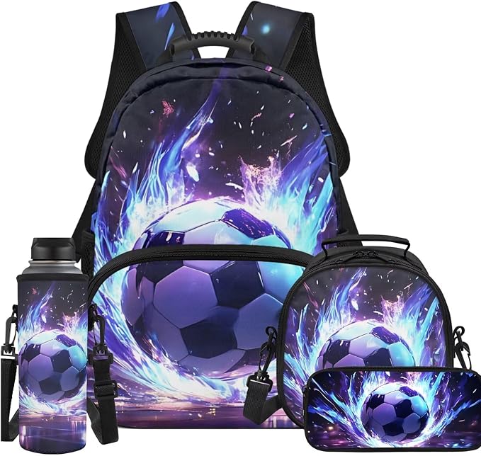 Flying Soccer Backpack for Boys Kids Backpack with Lunch Box Water Bottle Holder with Strap and Zipper Pencil Case 4PCS Set Bookbag with Compartments for School17 inch Elementary Preschool by Unknown
