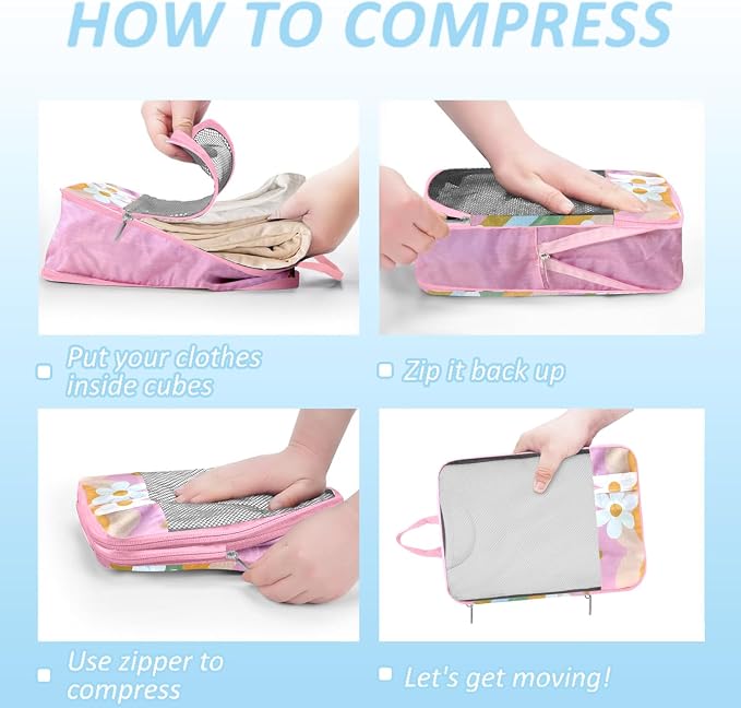 7 Piece Compression Packing Cubes Set - Boho Rainbow Flowers | Ultra-Lightweight, Quick-Dry, Tear-Resistant, Reinforced Zippers, Durable Travel Accessories for Luggage & Suitcases, Pink - Image 3