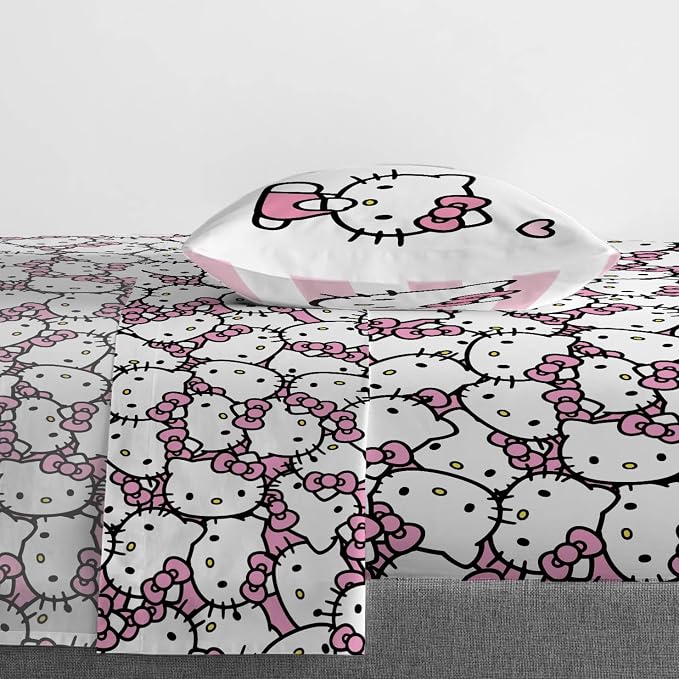 Jay Franco Sheet Set with Fitted, Flat Sheets & Pillow Cover - Ultra-Soft Bedding with Pillowcase for Room Decor, Multi - Hello Kitty, 3 Piece Twin - Image 2