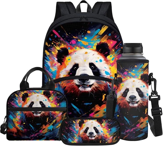 Tie-dye Panda Print Backpack for Boys Girls Bookbag with Lunch Box & Pencil Case & Water Bottle Sleeve 4 in 1 Casual Outdoor Daypack by Glomenade