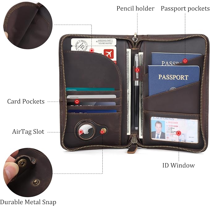 Polare Full Grain Leather Passport Holder With YKK Zipper RFID Blocking Travel Document Organizer Ticket Holder Cover Case Holds 2 Passports (Dark Brown with AirTag Slot) - Image 4