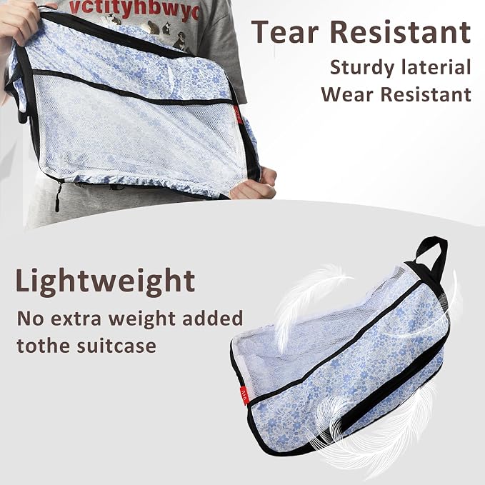 U+U 6 Set Compression Packing Cubes - Ultralight Travel Organizers with Laundry Bag, Space-Saving Suitcase Organizer for Travel, Business Trip and Family Vacation (Blue Flower) - Image 6