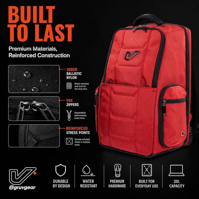 Gruv Gear Travel Laptop Backpack, 20L Red Tech Backpack with Modular Storage Shelves, Dual Access Pockets & TSA-Friendly Design, Compact Carry-On Backpack for Work, Travel & Everyday Carry - Image 5