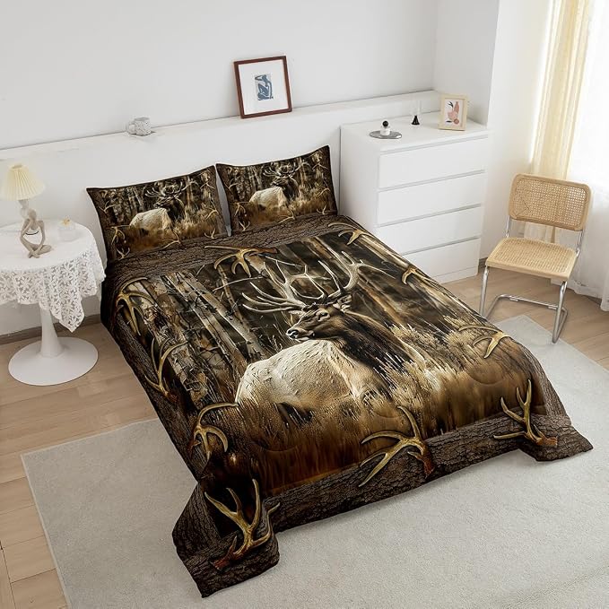 Erosebridal Rustic Deer Comforter Set for Cabin Lodge Vintage Elk Moose Antlers Bedding Set King Size Farmhouse Woodland Quilt Hunting Animal Duvet Insert with 2 Pillowcases Home Room Decor - Image 5