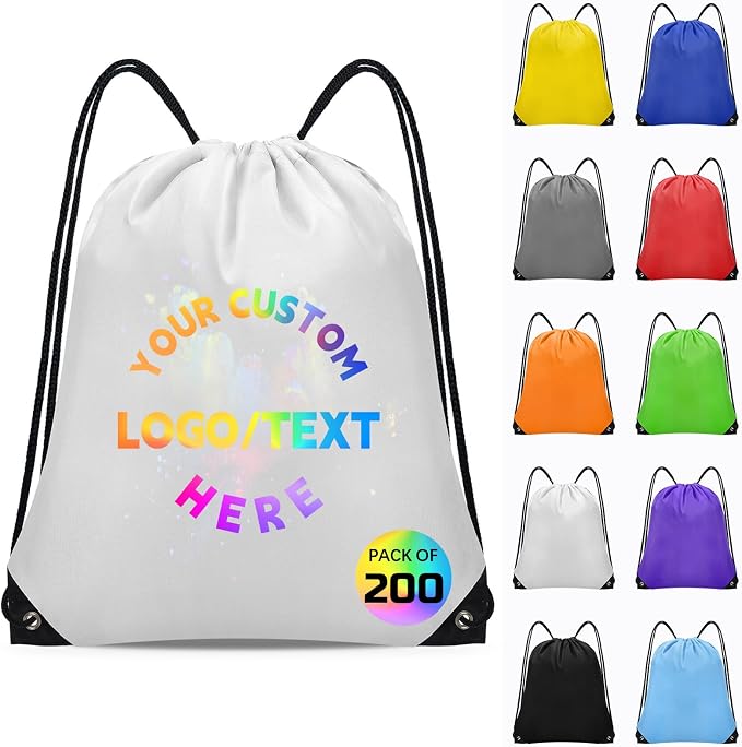 Grneric Custom Drawstring Bags Bulk 10/20/50/100/200 Pack, Promotional Items With Your Logo Personalized String Backpack for Gym, Sport, Travel, White by Grneric