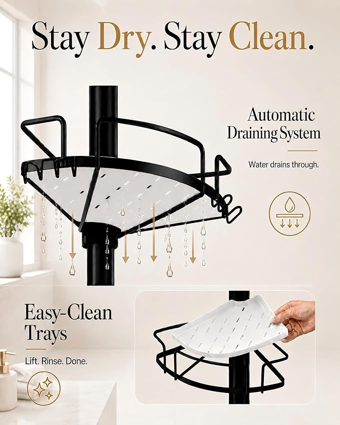 ALLZONE Corner Shower Caddy Tension Pole, 4 Hang-On Basket with Mixed-Height Shelves for Various Bottle Sizes, Extra Hooks & Soap Holder, Rustproof Stainless Steel, Fits 34–116 Inch, Black/White - Image 4
