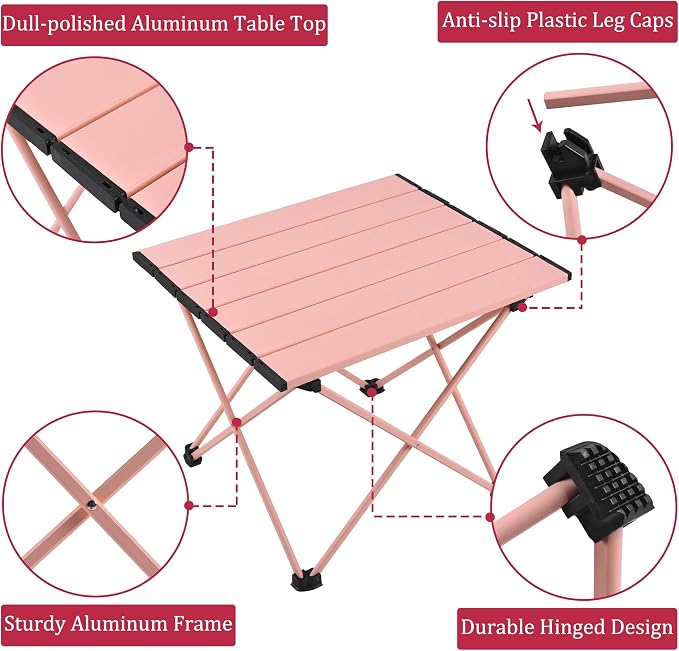 Grope Portable Camping Table with Aluminum Table Top, Folding Beach Table Easy to Carry, Prefect for Outdoor, Picnic, BBQ, Cooking, Festival, Beach, Home (Pink-M) - Image 3