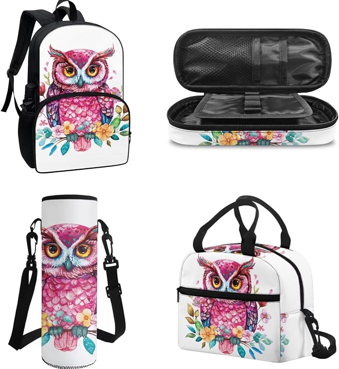 4Pcs Kids Backpack Students Schoolbag Set Colorful Owl School Backpack with Lunch Bag Water Bottle Holder Bag Pencil Case for Boys Girl Back to School - Image 2