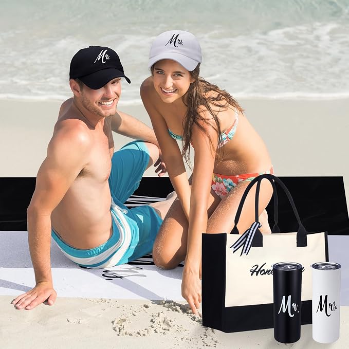 Preboun 14 Pcs Wedding Gifts for Couple Honeymoon Gifts Include Mr and Mrs Beach Towels 20 oz Wine Tumbler Hat Shareable Passport Holder Baggage Tag Glass Bottle Canvas Honeymoon Tote Bag Sleep Mask - Image 6