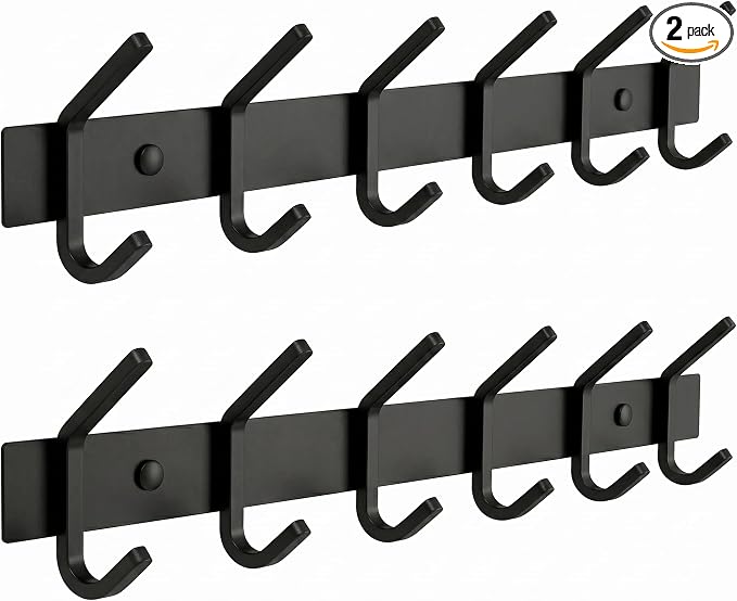 Coat Rack Wall Mount – 17 Inch Stainless Steel Hook Rail with 6 Double Coat Hooks for Hanging – Wall Mounted Entryway Organizer for Coats, Hats, Bags, Towels, Robes, Closet or Bathroom - Black 2 Pack by SAYONEYES