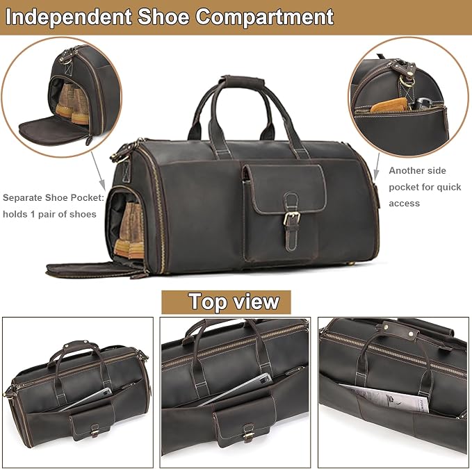 Full Grain Genuine Leather Garment Bag for Men 2 in 1 Convertible Suit Travel Duffel Bag Weekender Overnight Bag with Shoe Compartment Business Carry On Luggage, Dark Brown - Image 4