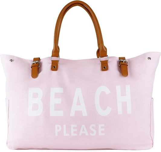 Lamyba Beach Bag with Vegan Leather Handle, Extra Large Beach Bag for Women Waterproof Sandproof, White | with Vegan Leather Handle by Lamyba