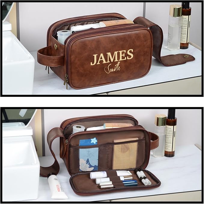 Personalized Leather Toiletry Bag, Brown, Three Layer Structure, Waterproof, Customizable Name Engraving, Travel Organizer for Men, Multi-Occasion Gift (TSN190526) - Image 7