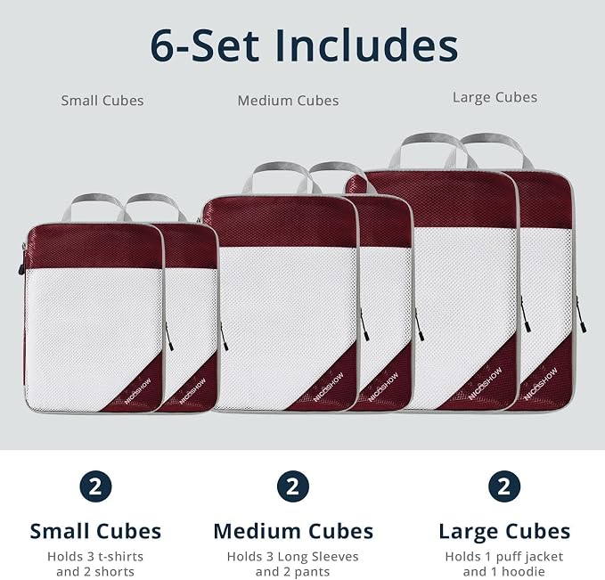 NICOSHOW 6 Set Compression Packing Cubes for Travel - Compressible, Lightweight, and Space-Saving Packing Cubes, Travel Essentials for Women, Wine - Image 3