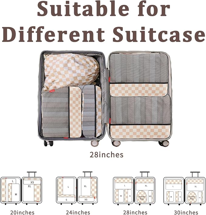 U+U 6 Set Compression Packing Cubes - Ultralight Travel Organizers with Laundry Bag, Space-Saving Suitcase Organizer for Travel, Business Trip and Family Vacation (Khaki Checkered) - Image 7