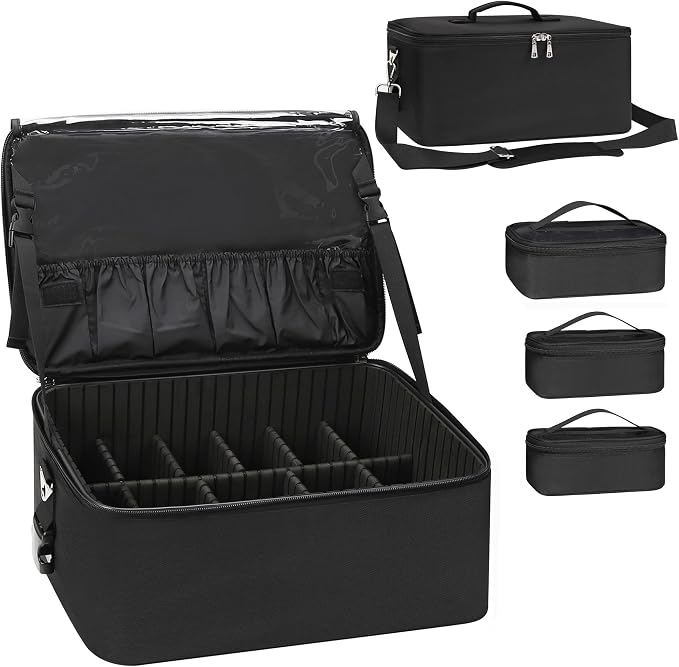 Relavel Makeup Bag Large Makeup Case Professional Cosmetic Storage Organizer Box Brush Holder with 3 Clear Set Bags for Makeup Artists with Shoulder Strap & Adjustable Dividers by Relavel