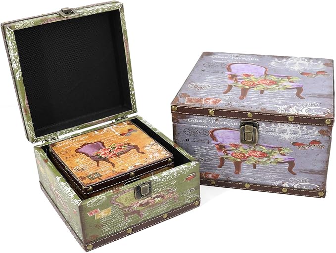 Jolitac Wood Storage Box Set of 3, Vintage Decorative Nesting Boxes Wooden Treasure Storage Crates With Latch, Home Decor Rustic Antique Boxes With Lid for Photos, Jewelry, Cash (Chair) - Image 2