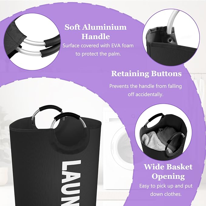 2 Pack 125L Laundry Hamper, Large Laundry Basket with Padded Handles, 600D Oxford Cloth Tall Clothes Hamper, Storage Basket for Clothes, Blankets, Pillows, Comforters, Black + Purple - Image 5