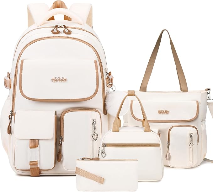 DIGOBAY Backpacks for Girls, 4PCS School Girls Backpack with Tote Bag Lunch Box Pencil Pouch for Teen Kids Elementary Primary Middle High College Travel School bag Bookbag Set, Khaki by DIGOBAY