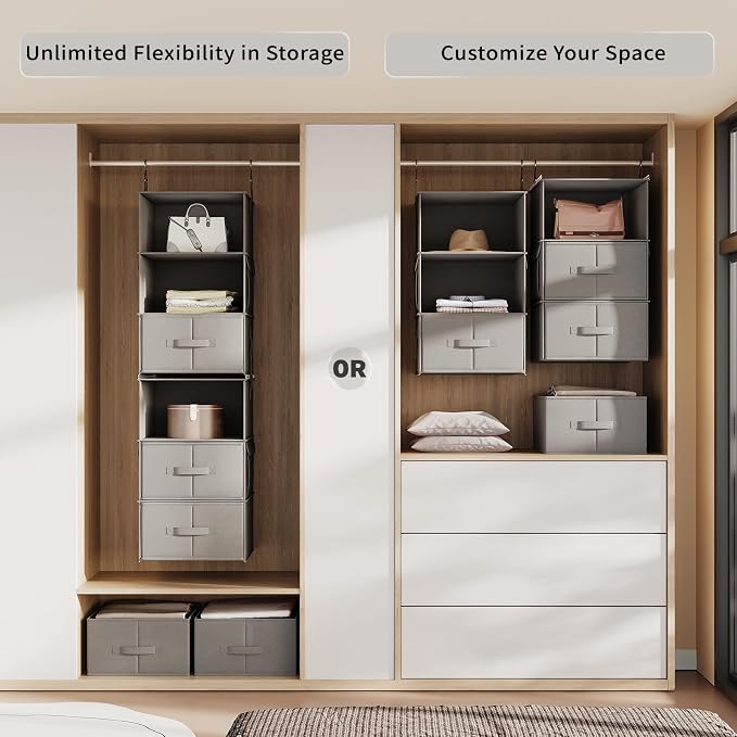 Vailando 6-Tier Hanging Shelves for Closet, Two 3-Shelf Hanging Closet Organizer w/ 4 Side Pockets and 3 Drawers, Combinable for Dorm Wardrobe Organizer and RV Storage and Organization - Image 4