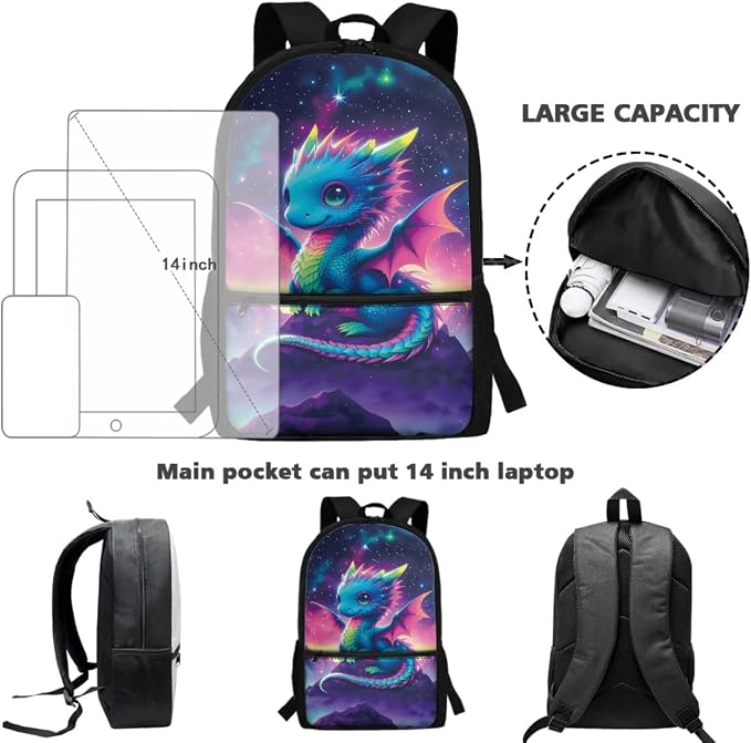 Dragon Backpack with Lunch Box Set Kids Book Bag for Elementary Boys 5 Pcs Backpack Set for School Pencil Case Bottle Holder Bookmark Kids Back to School Galaxy - Image 4