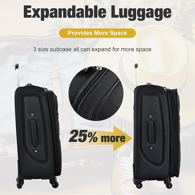 Merax Softside Luggage Set Lightweight 3 Piece Suitcase with Duffel Bag | Expandable Upright Travel Spinner Luggage 22" 26" 30",Black - Image 5