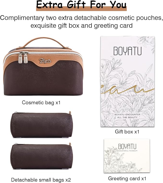 BOYATU Travel Makeup Bag Organizer Cosmetic Bag: 3 Pcs Set Make up Bags for Women with Handle - Waterproof Vegan Leather Toiletry Bags Travel Essentials Pouch with Compartments (A-03-Brown) - Image 6