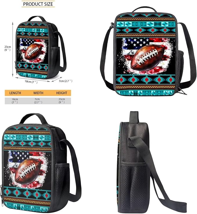 Aztec American Flag Football Print Children's Knapsack Set with Reusable Shoulder Lunch Bag 4th of July Boys Girls School or Travel Large Backpack Set, Durable School Students Daypack - Image 6