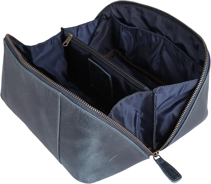KomalC Luxury Leather Men’s Toiletry Travel Bag – Handmade Shaving Kit with Waterproof Interior, Spacious Storage & Carry Handle – leather travel Kit Bag for Men & Women (Blue) - Image 2